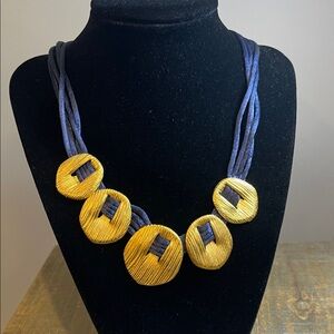 Vintage Casual Corner Gold Textured Disc Navy Blue Multi-strand Satin Necklace